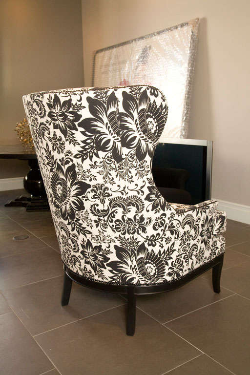 Handsome Comfortable Wingback Chair Upholstered in Bold Print 1